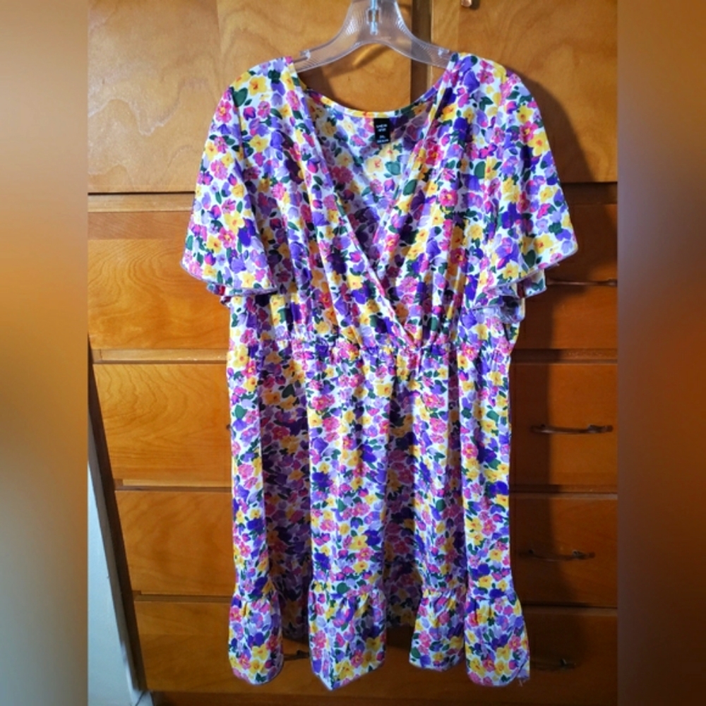 Shein Curve Purple Pink Yellow Flowers Flutter Sleeve Ruffle Dress